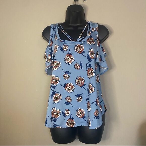 THREADS Studio Cold Shoulder Floral Blue Classy Top Short Sleeve Blouse - Picture 2 of 7